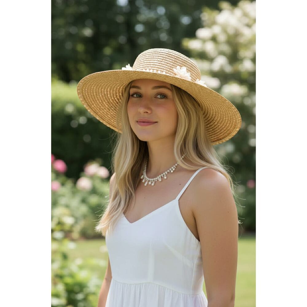Vintage 1980s Betmar Straw Sun Hat Made in Italy Wide Brim Floral Trim M